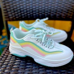 White Sneakers. Pastel rainbow det. on the sides. NWOT.